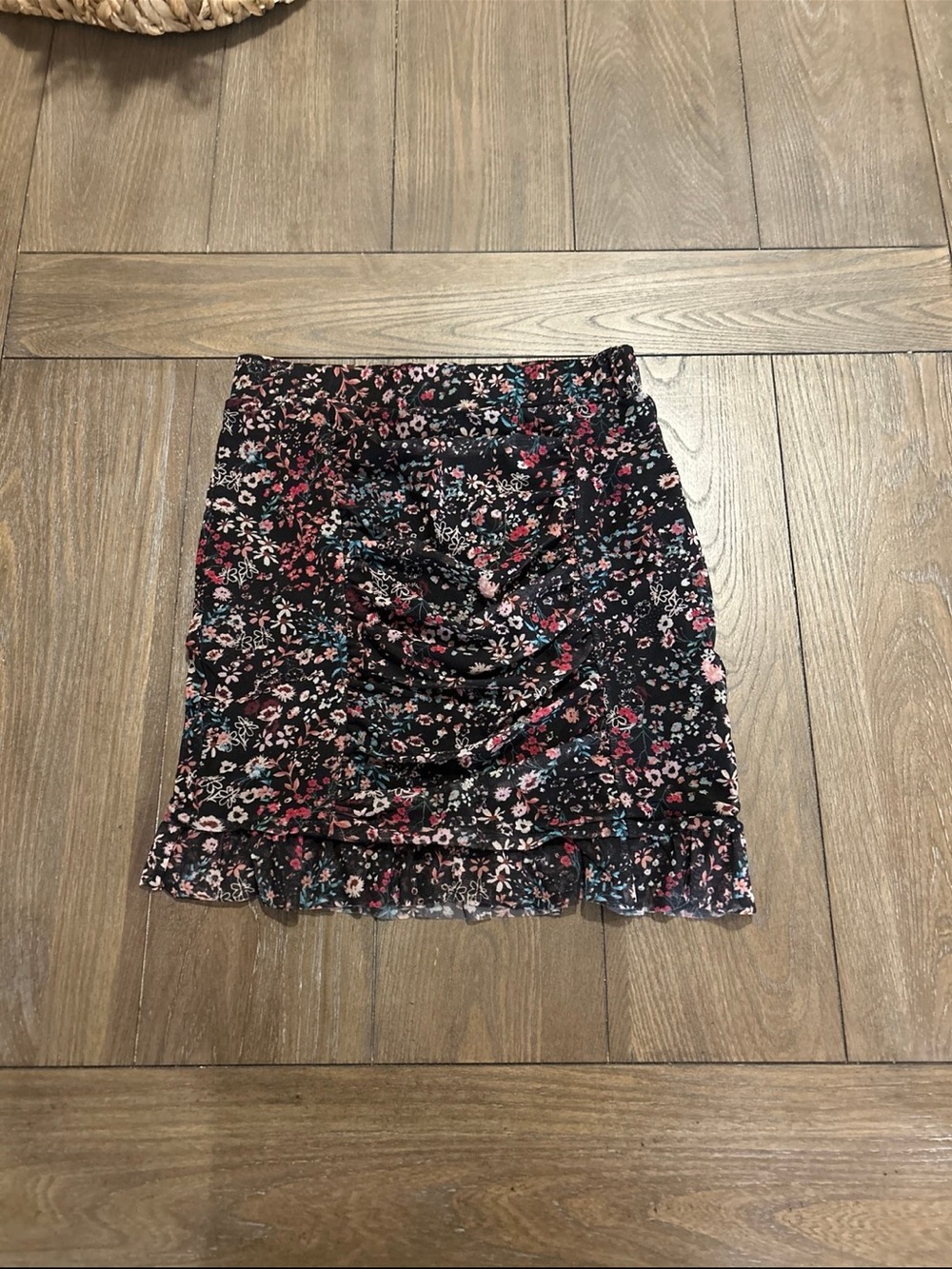 Free People Black Mini Skirt with Pink & Blue Floral Print